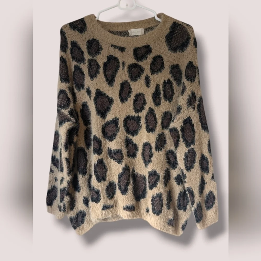 Altar'd State Leopard Fuzzy Crewneck Sweater Winter Holidays